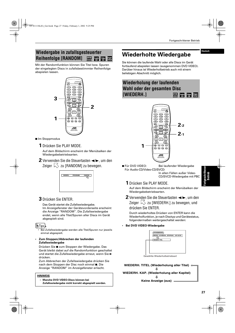 Wiederholte wiedergabe, Drücken sie play mode, Drücken sie enter | Fortgeschri ttener be tri e b, Hinweis | JVC XV-E112 User Manual | Page 31 / 206