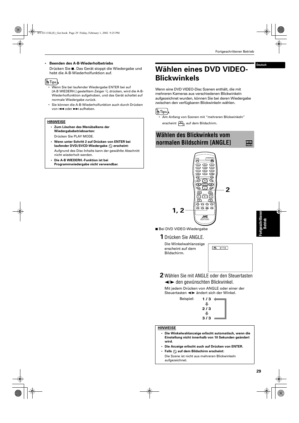 Wählen eines dvd video- blickwinkels, Drücken sie angle | JVC XV-E112 User Manual | Page 33 / 206