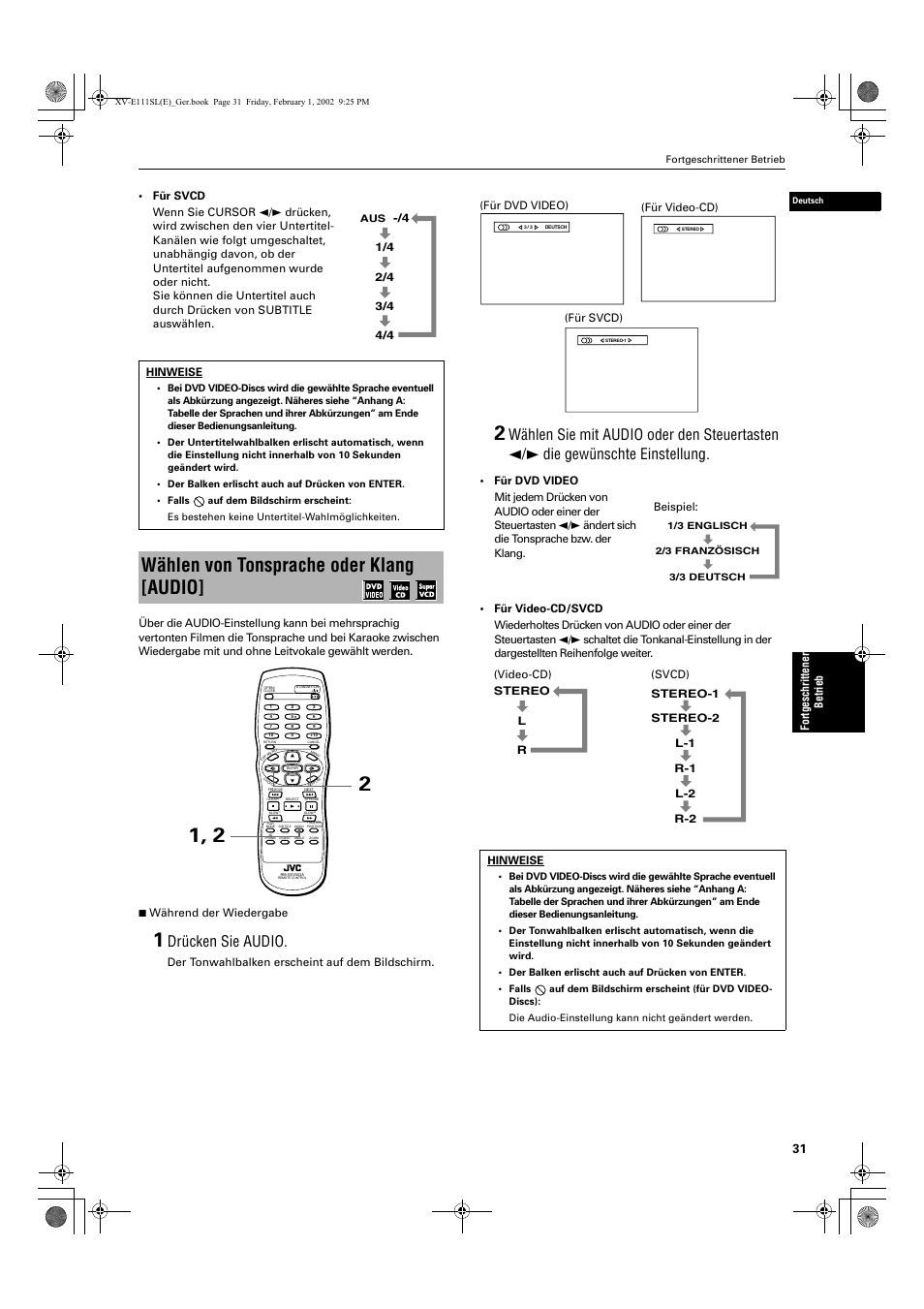 Wählen von tonsprache oder klang [audio, Drücken sie audio | JVC XV-E112 User Manual | Page 35 / 206