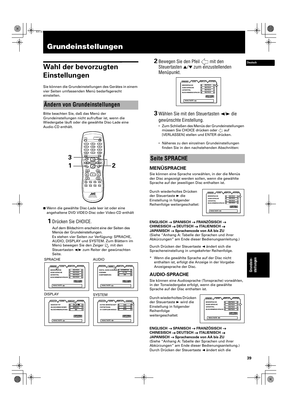 Ändern von grundeinstellungen, Seite sprache, Drücken sie choice | Menüsprache, Audio-sprache | JVC XV-E112 User Manual | Page 43 / 206