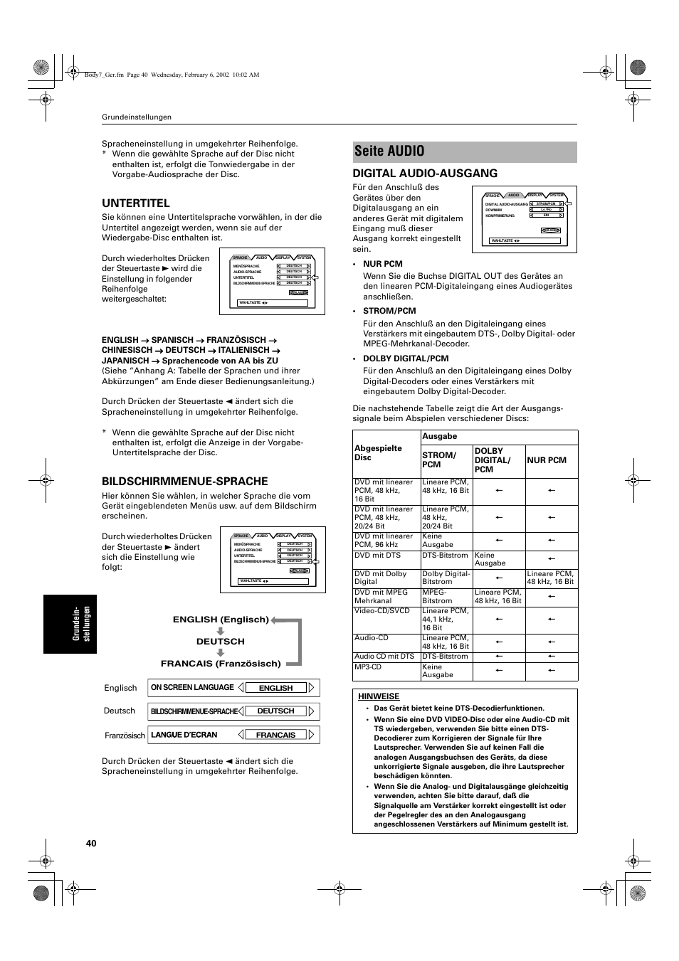 Seite audio, Untertitel, Bildschirmmenue-sprache | Digital audio-ausgang | JVC XV-E112 User Manual | Page 44 / 206