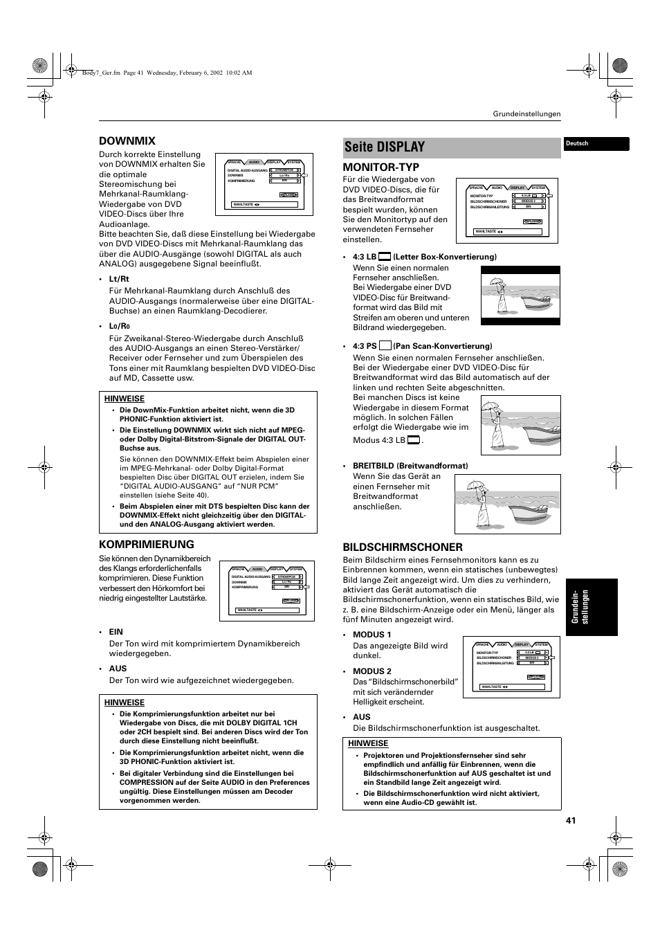 Seite display, Downmix, Komprimierung | Monitor-typ, Bildschirmschoner | JVC XV-E112 User Manual | Page 45 / 206