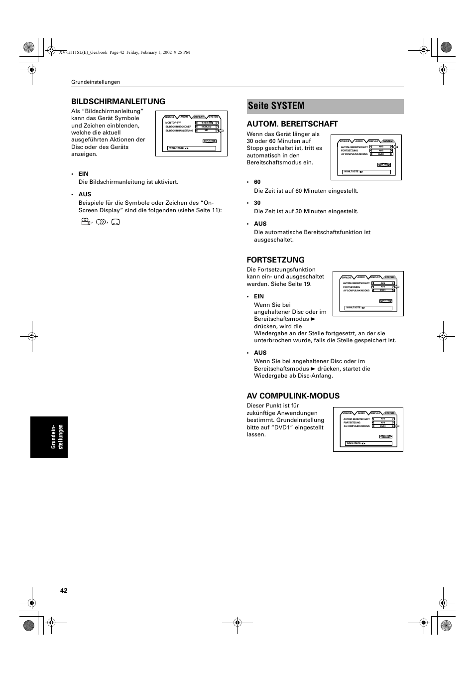 Seite system, Bildschirmanleitung, Autom. bereitschaft | Fortsetzung, Av compulink-modus, Grund ein- stellungen | JVC XV-E112 User Manual | Page 46 / 206