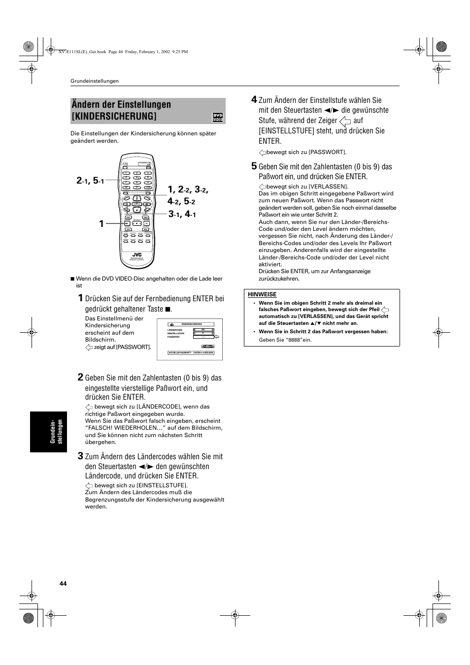 Ändern der einstellungen [kindersicherung | JVC XV-E112 User Manual | Page 48 / 206