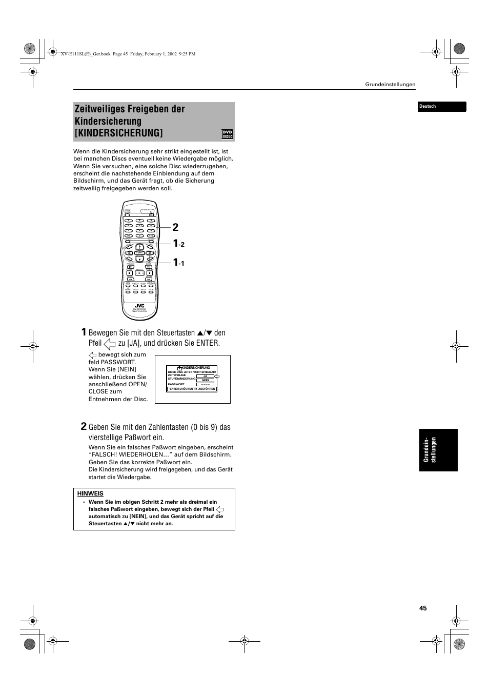 Grunde in- stellungen, Hinweis | JVC XV-E112 User Manual | Page 49 / 206