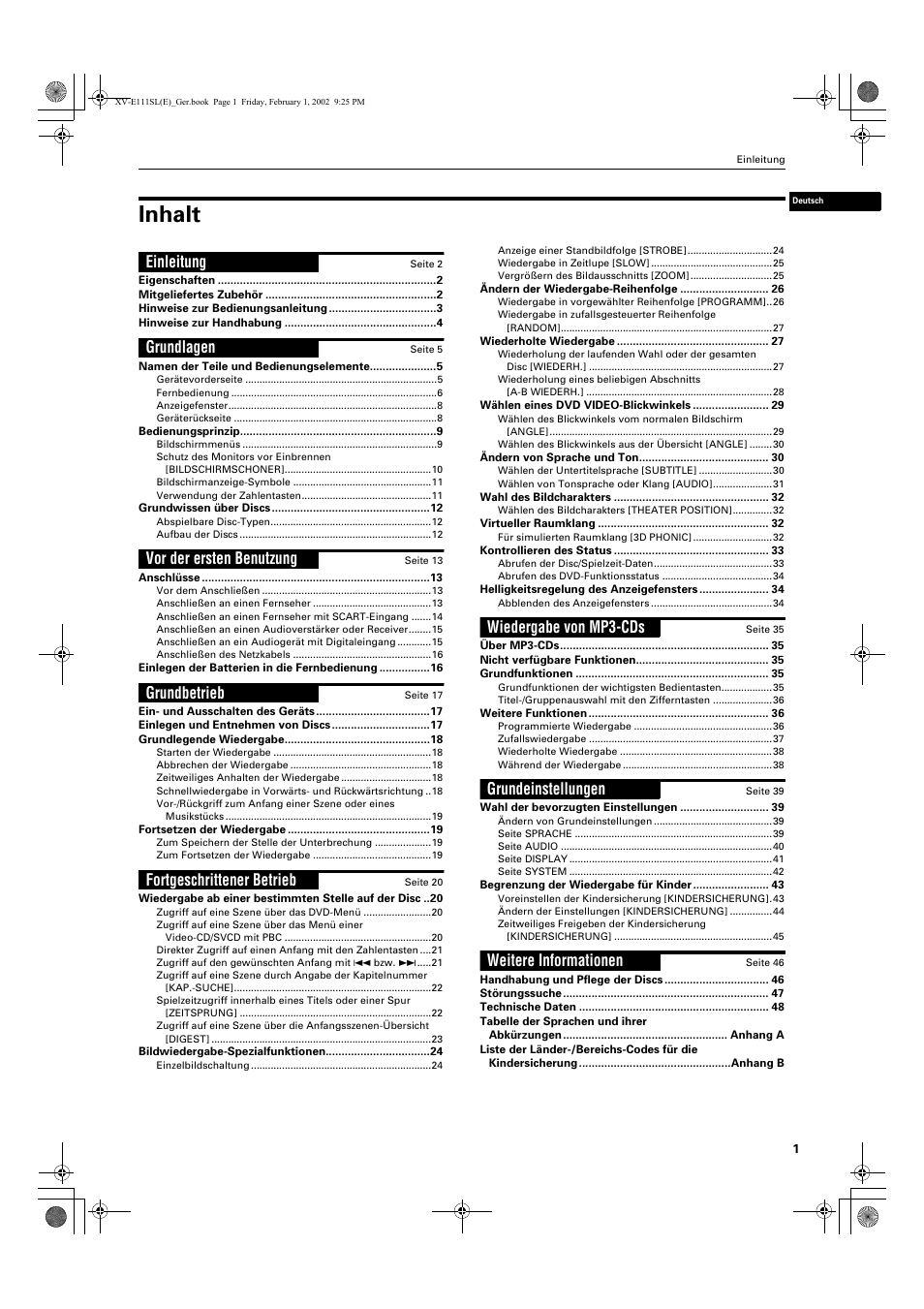 Inhalt, Einleitung, Grundlagen | Vor der ersten benutzung, Grundbetrieb, Fortgeschrittener betrieb, Wiedergabe von mp3-cds, Grundeinstellungen, Weitere informationen | JVC XV-E112 User Manual | Page 5 / 206