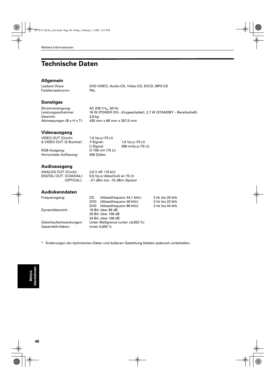 Technische daten, Allgemein, Sonstiges | Videoausgang, Audioausgang, Audiokenndaten | JVC XV-E112 User Manual | Page 52 / 206