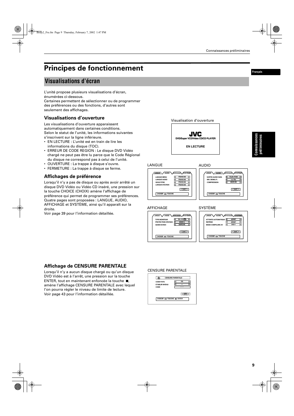 Principes de fonctionnement, Visualisations d’écran, Visualisations d’ouverture | Affichages de préférence, Affichage de censure parentale, Conna issances préliminaires | JVC XV-E112 User Manual | Page 63 / 206