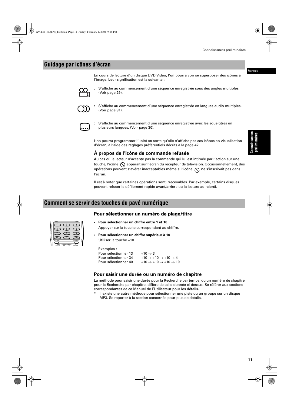 Guidage par icônes d’écran, Comment se servir des touches du pavé numérique, À propos de l’icône de commande refusée | Pour sélectionner un numéro de plage/titre, Pour saisir une durée ou un numéro de chapitre | JVC XV-E112 User Manual | Page 65 / 206