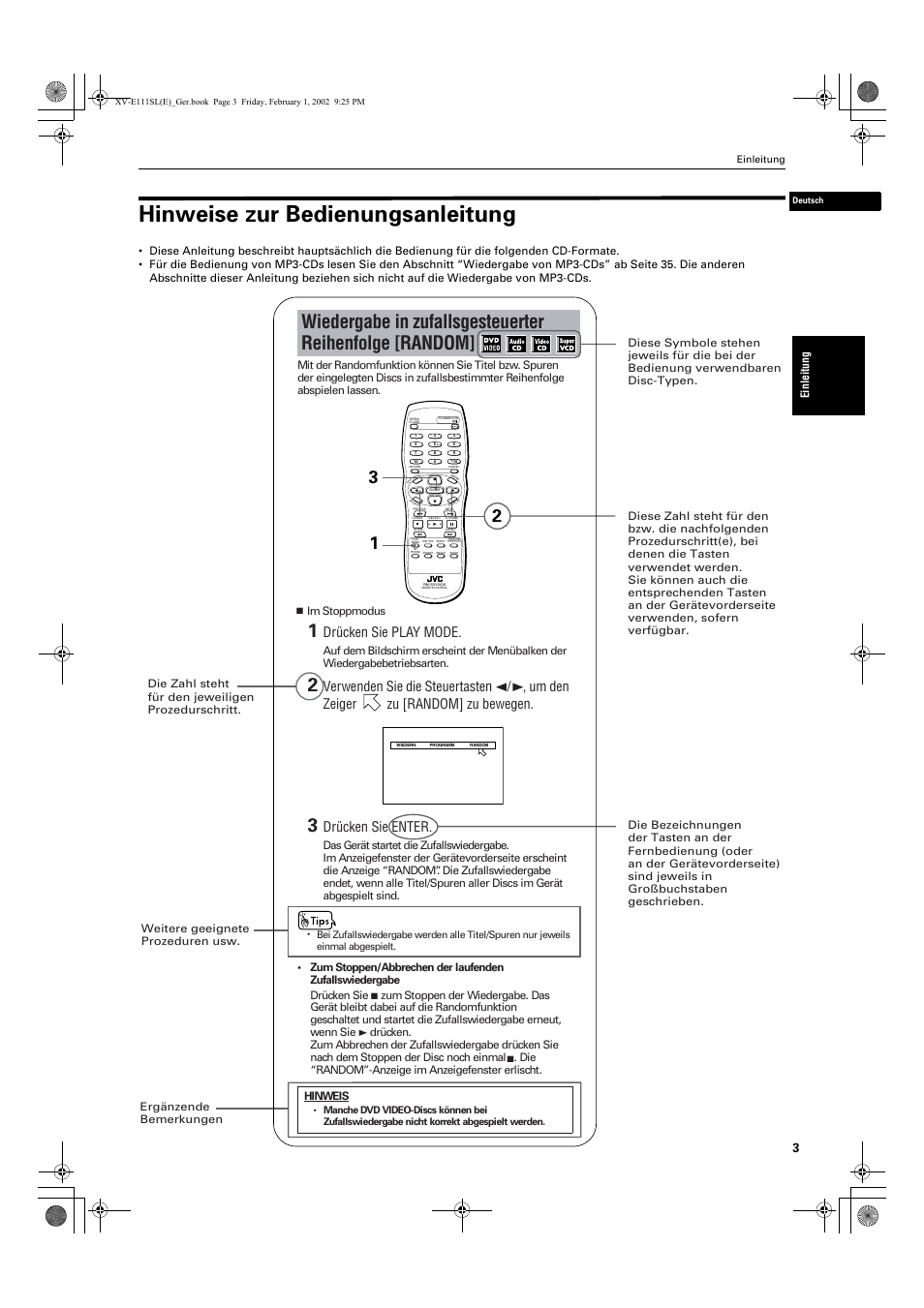 Hinweise zur bedienungsanleitung, Drücken sie play mode, Drücken sie enter | Einleitung, Hinweis | JVC XV-E112 User Manual | Page 7 / 206