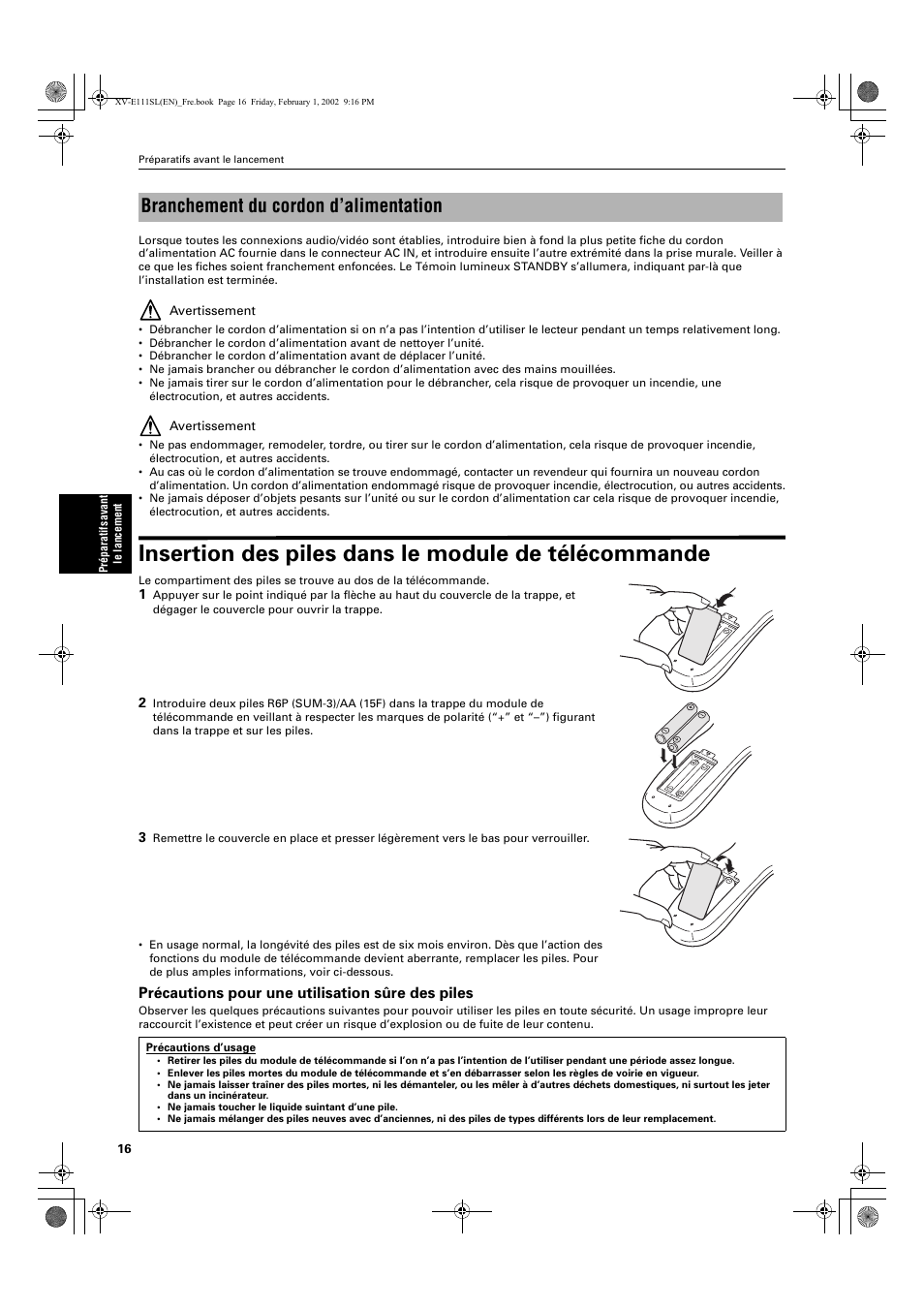 Insertion des piles dans le module de télécommande, Branchement du cordon d’alimentation | JVC XV-E112 User Manual | Page 70 / 206