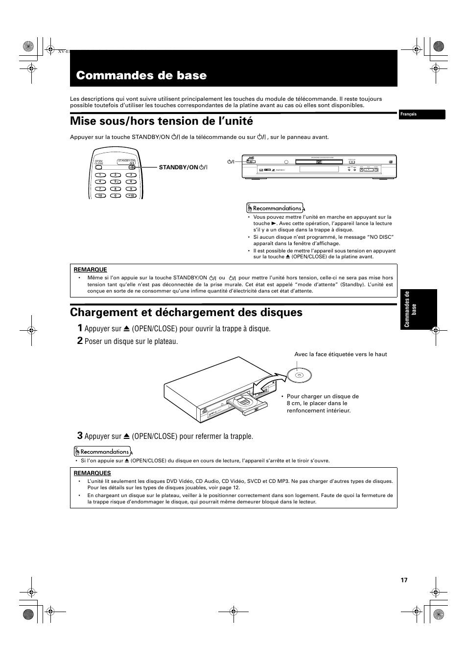 Commandes de base, Mise sous/hors tension de l’unité, Chargement et déchargement des disques | Poser un disque sur le plateau, Standby, Dolby d | JVC XV-E112 User Manual | Page 71 / 206