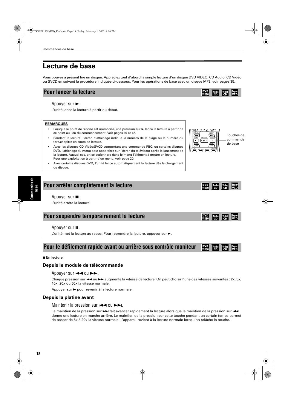 Lecture de base, Pour lancer la lecture, Appuyer sur 3 | Appuyer sur 7, Appuyer sur 8, Depuis le module de télécommande appuyer sur 1 ou | JVC XV-E112 User Manual | Page 72 / 206