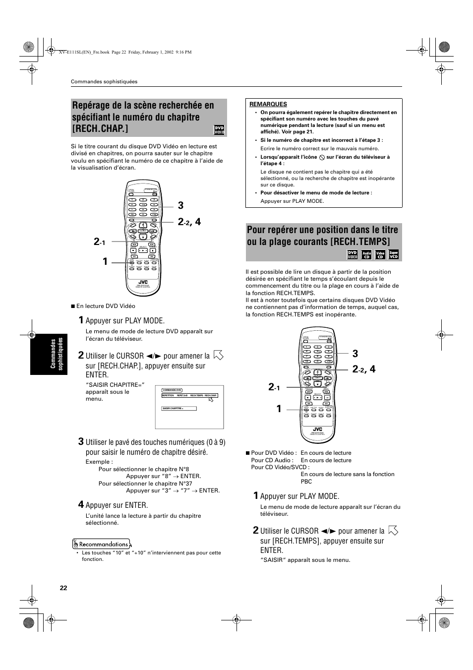 Appuyer sur play mode, Appuyer sur enter | JVC XV-E112 User Manual | Page 76 / 206