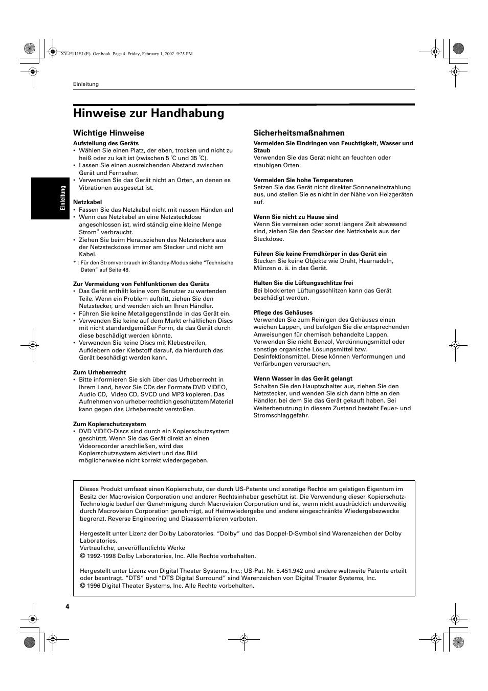 Hinweise zur handhabung, Wichtige hinweise, Sicherheitsmaßnahmen | JVC XV-E112 User Manual | Page 8 / 206