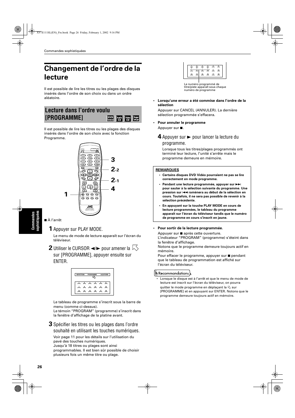 Changement de l’ordre de la lecture, Lecture dans l’ordre voulu [programme, Appuyer sur play mode | Appuyer sur 3 pour lancer la lecture du programme, Commandes sophistiqu é es, Remarques | JVC XV-E112 User Manual | Page 80 / 206