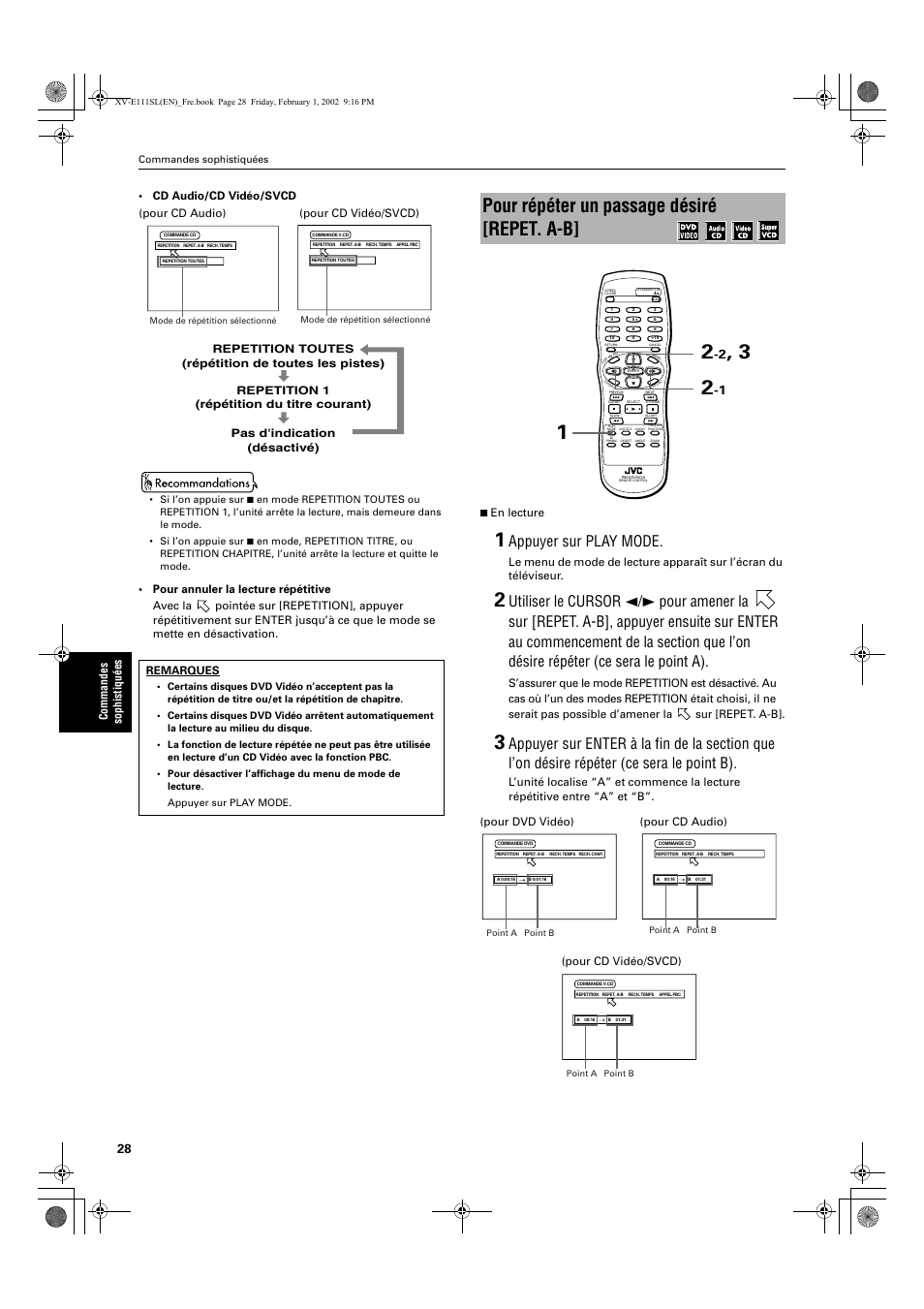 Pour répéter un passage désiré [repet. a-b, Appuyer sur play mode, Commandes sophistiqu é es • cd audio/cd vidéo/svcd | JVC XV-E112 User Manual | Page 82 / 206