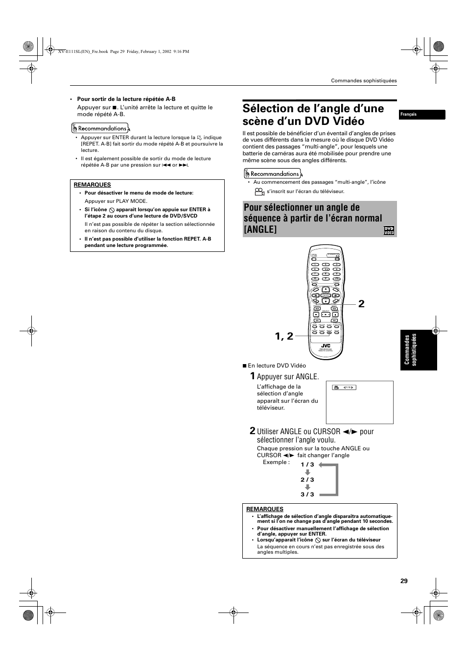 Sélection de l’angle d’une scène d’un dvd vidéo, Appuyer sur angle | JVC XV-E112 User Manual | Page 83 / 206