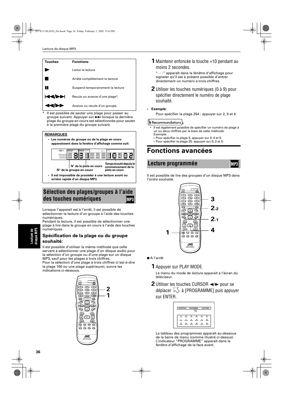 Fonctions avancées, Lecture programmée, Spécification de la plage ou du groupe souhaité | Appuyer sur play mode | JVC XV-E112 User Manual | Page 90 / 206