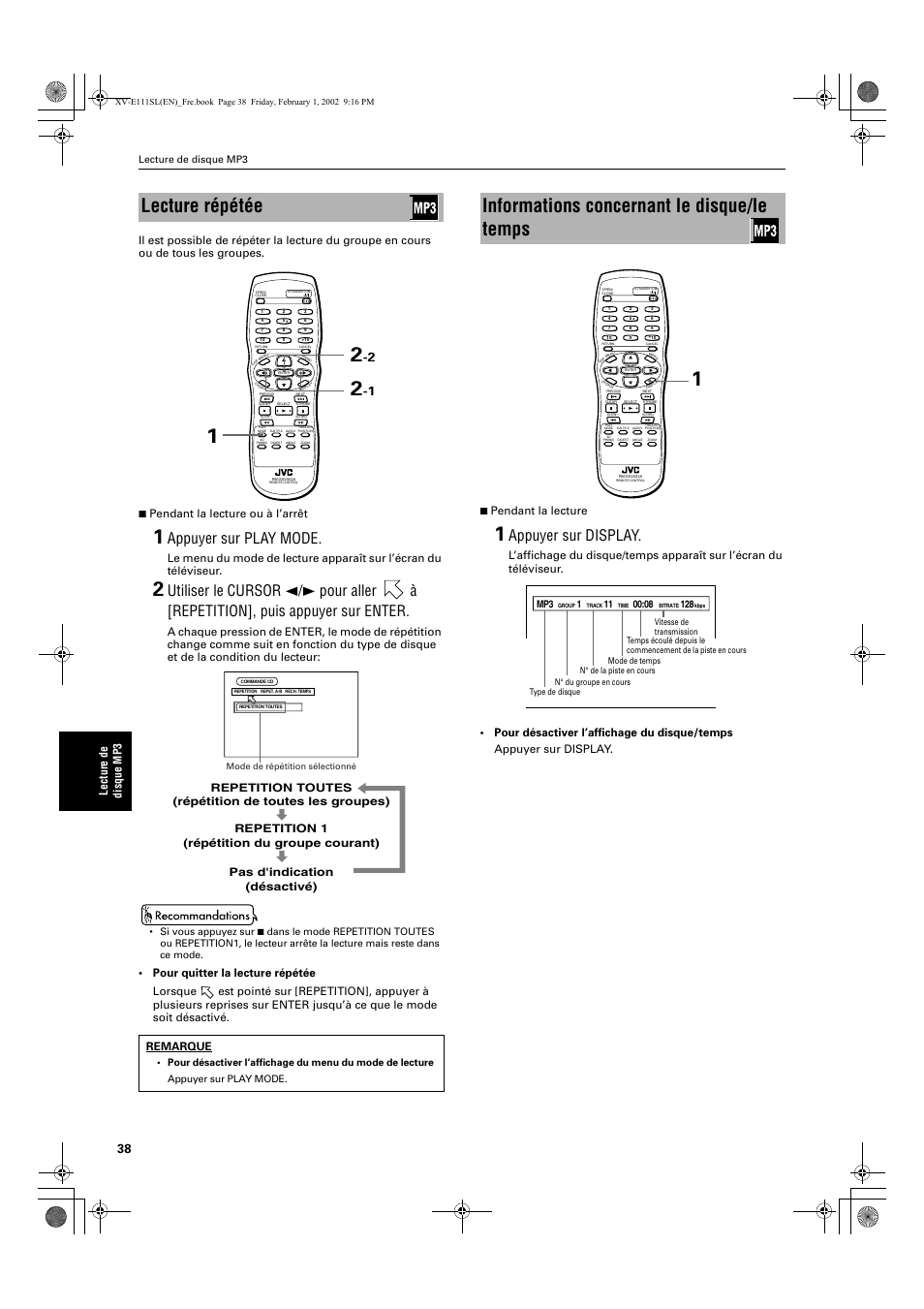 Lecture répétée, Informations concernant le disque/le temps, Appuyer sur play mode | Appuyer sur display, Remarque, Lecture de disque mp3 | JVC XV-E112 User Manual | Page 92 / 206