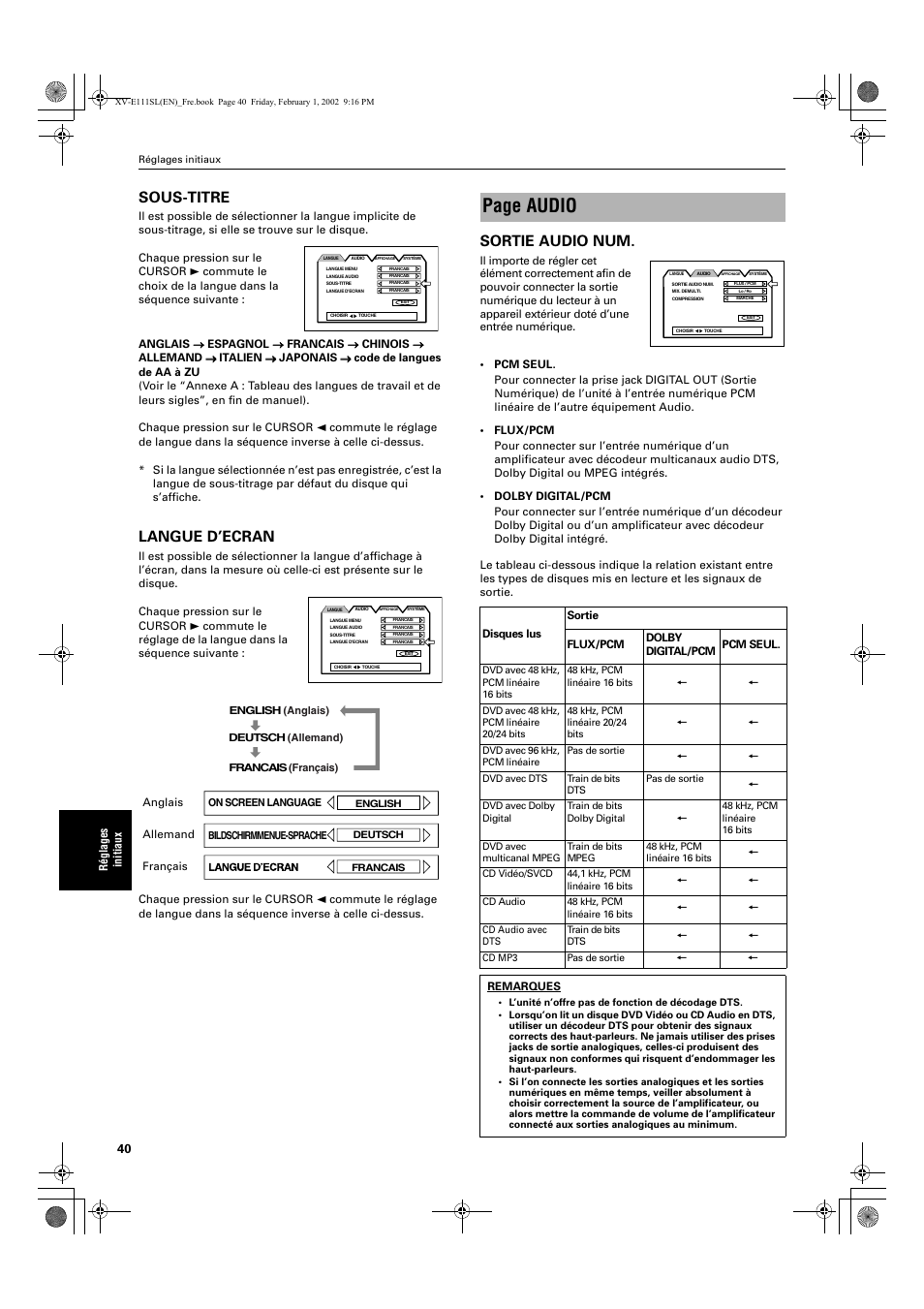 Page audio, Sous-titre, Langue d’ecran | Sortie audio num | JVC XV-E112 User Manual | Page 94 / 206