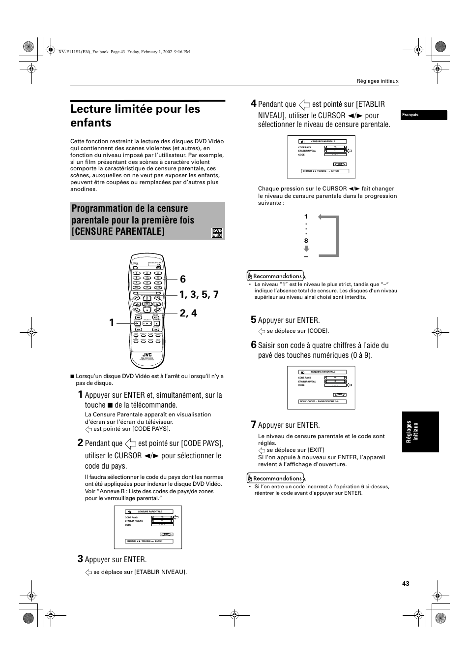 Lecture limitée pour les enfants, Appuyer sur enter | JVC XV-E112 User Manual | Page 97 / 206