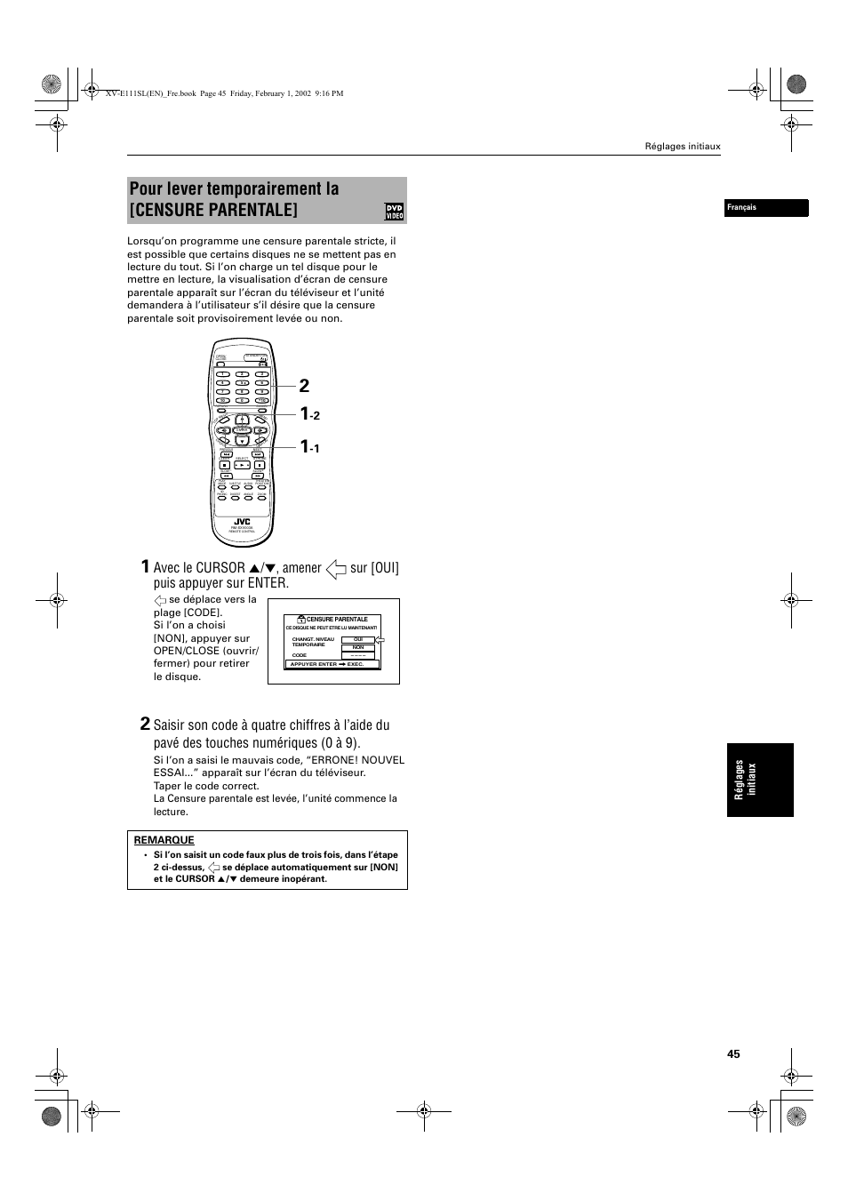 Pour lever temporairement la [censure parentale, Ré g lages ini tiaux, Remarque | JVC XV-E112 User Manual | Page 99 / 206