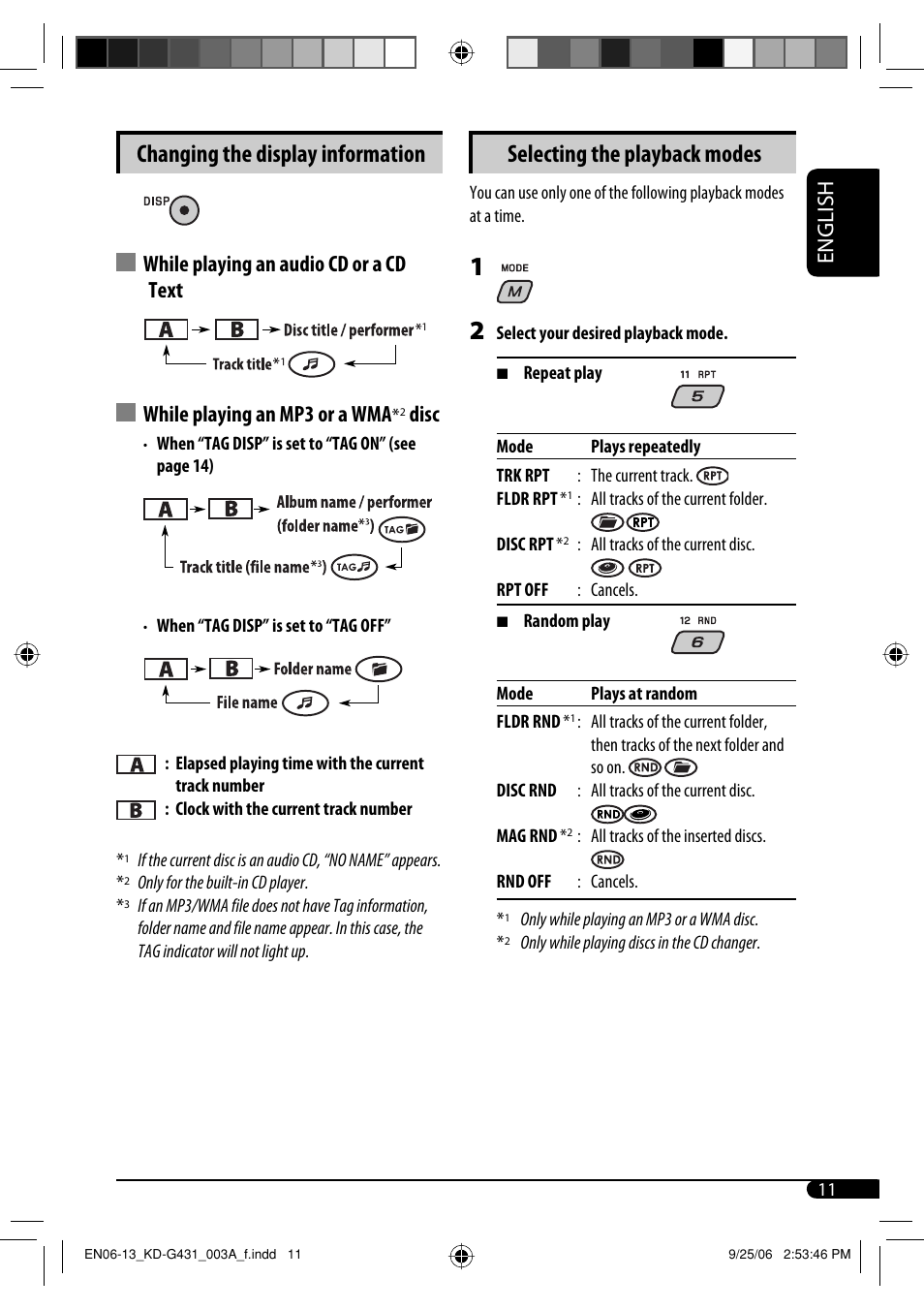 Changing the display information, Selecting the playback modes, English | Disc | JVC KD-SC402 User Manual | Page 11 / 80