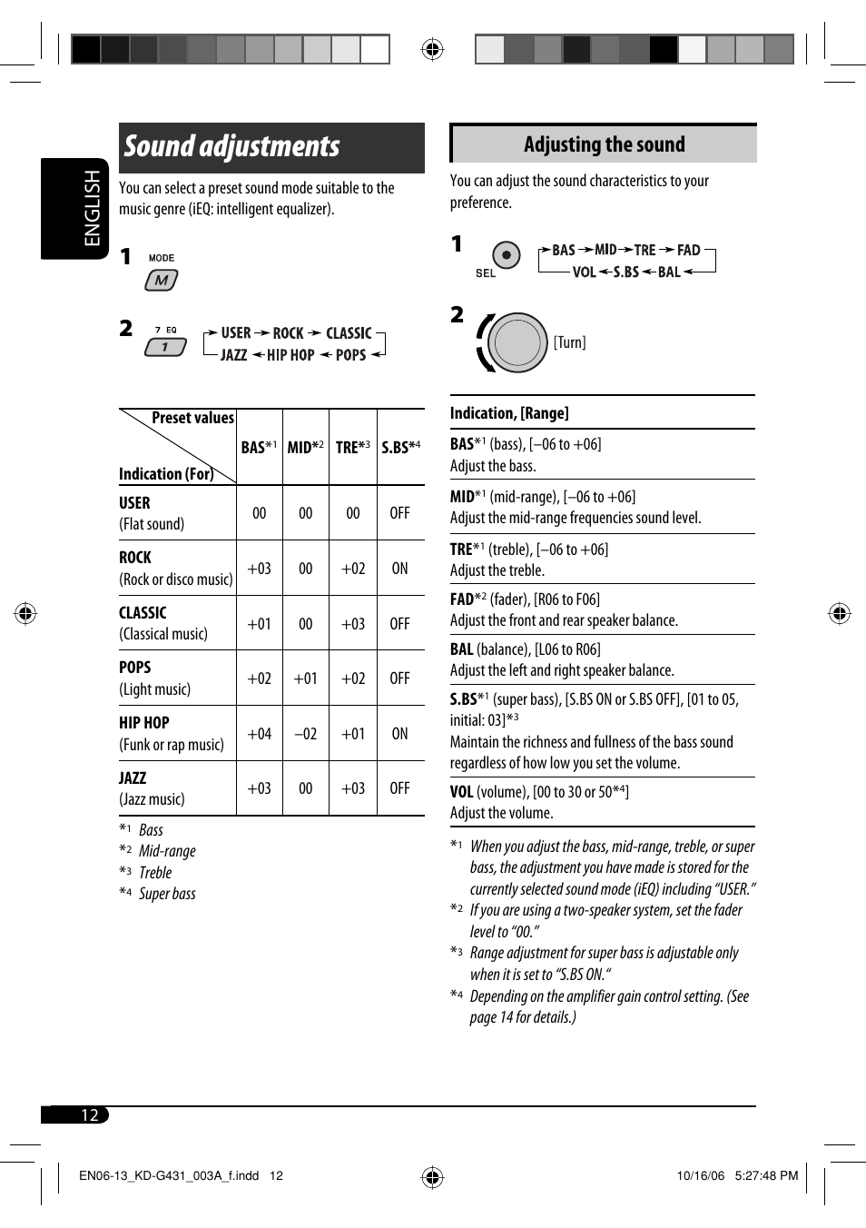 Sound adjustments, Adjusting the sound, English | JVC KD-SC402 User Manual | Page 12 / 80