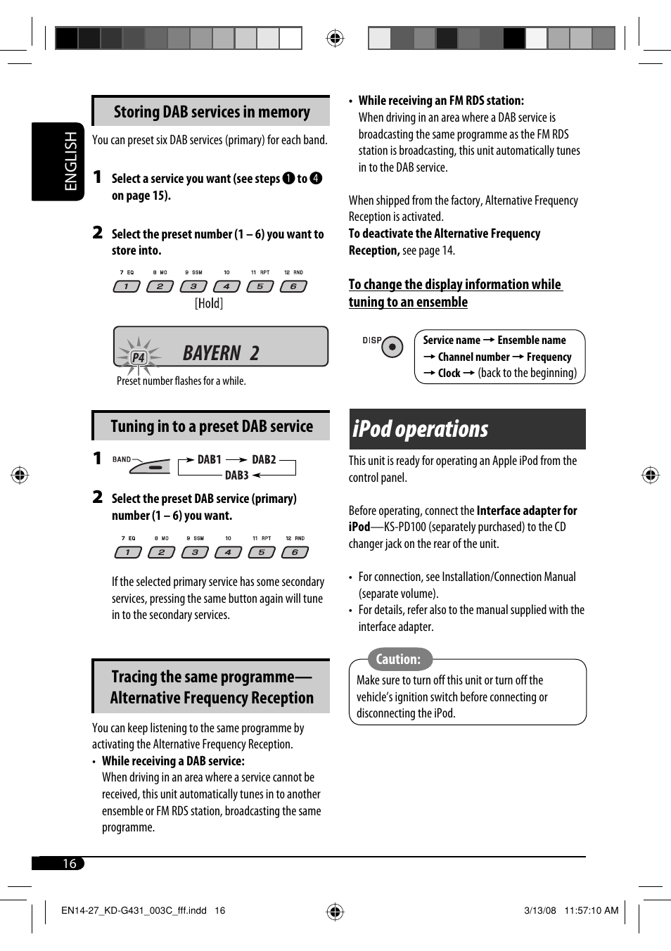 Ipod operations, Bayern 2, Tuning in to a preset dab service | JVC KD-SC402 User Manual | Page 16 / 80