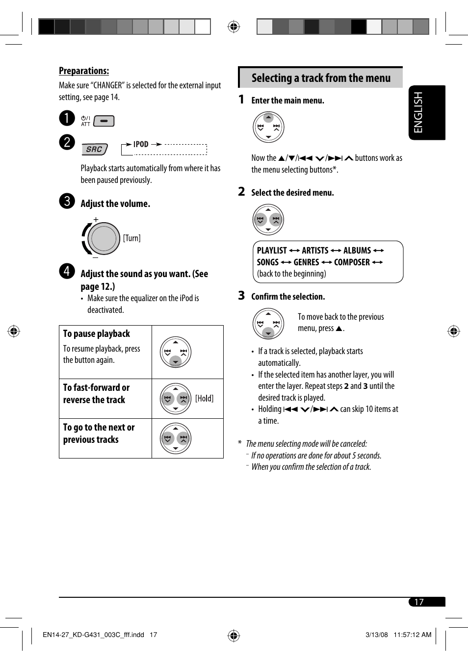Selecting a track from the menu, English | JVC KD-SC402 User Manual | Page 17 / 80