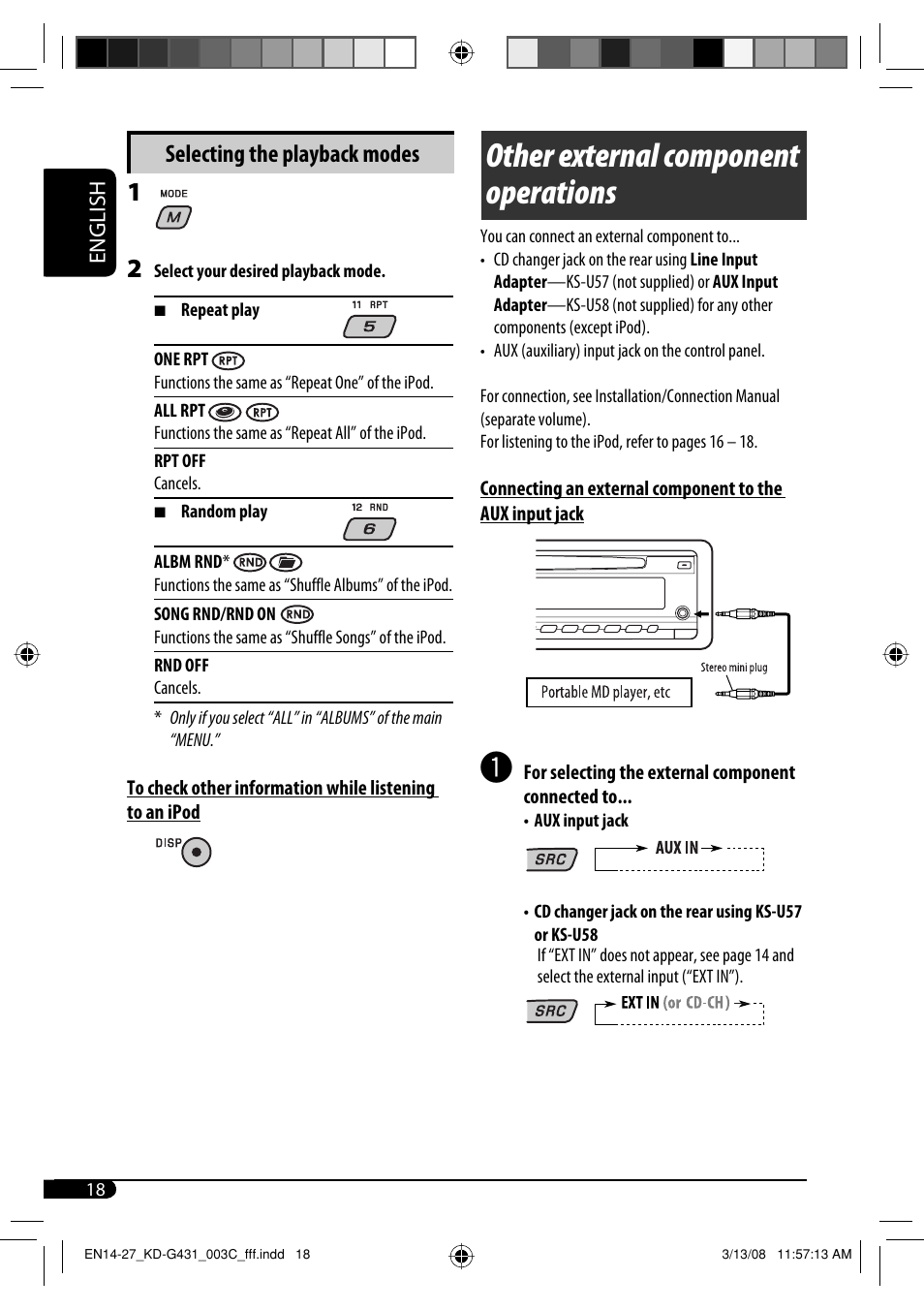 Other external component operations, Selecting the playback modes | JVC KD-SC402 User Manual | Page 18 / 80
