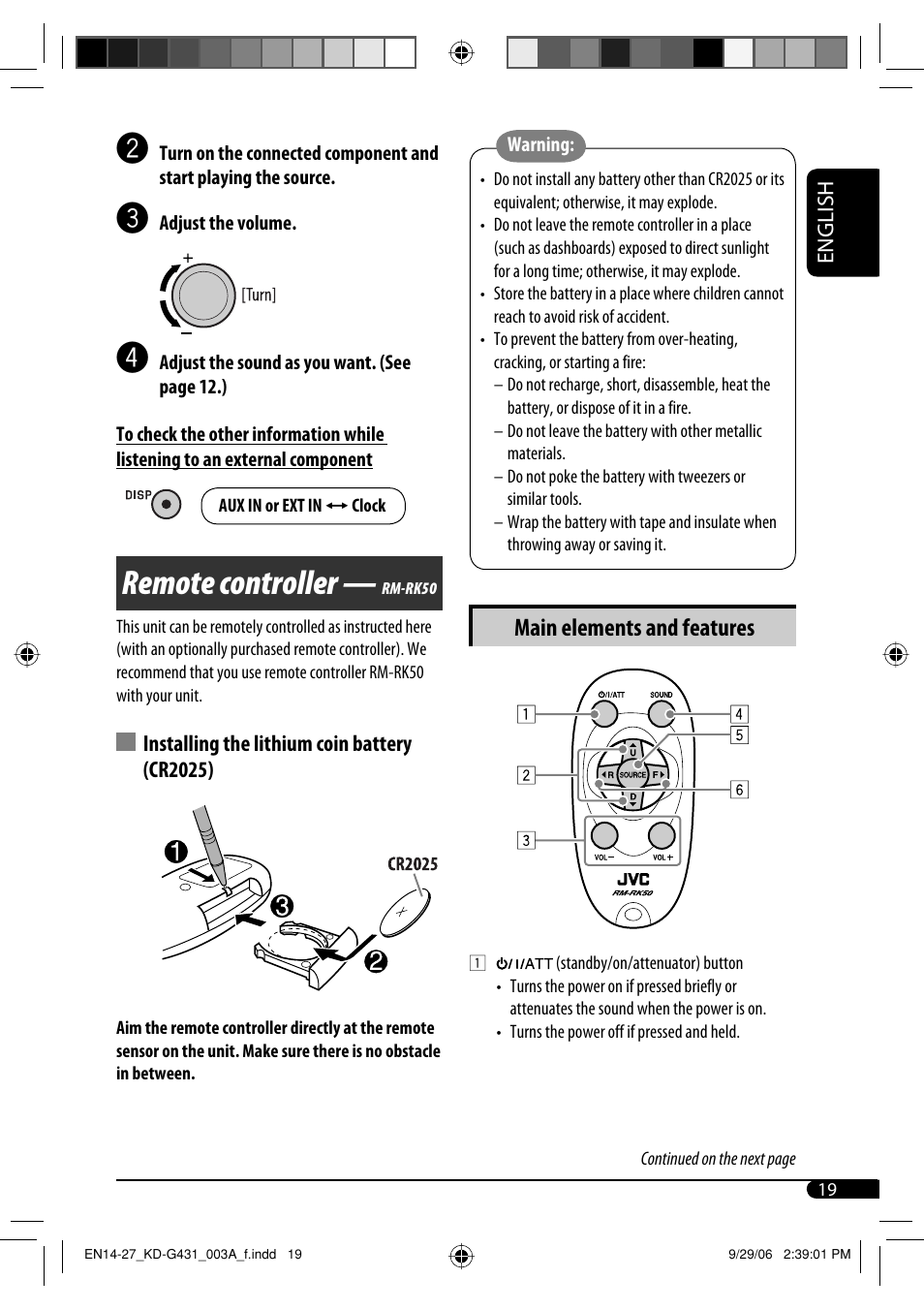 Remote controller, Main elements and features | JVC KD-SC402 User Manual | Page 19 / 80