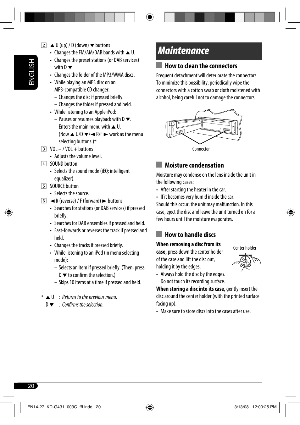 Maintenance, English, How to clean the connectors | Moisture condensation, How to handle discs | JVC KD-SC402 User Manual | Page 20 / 80
