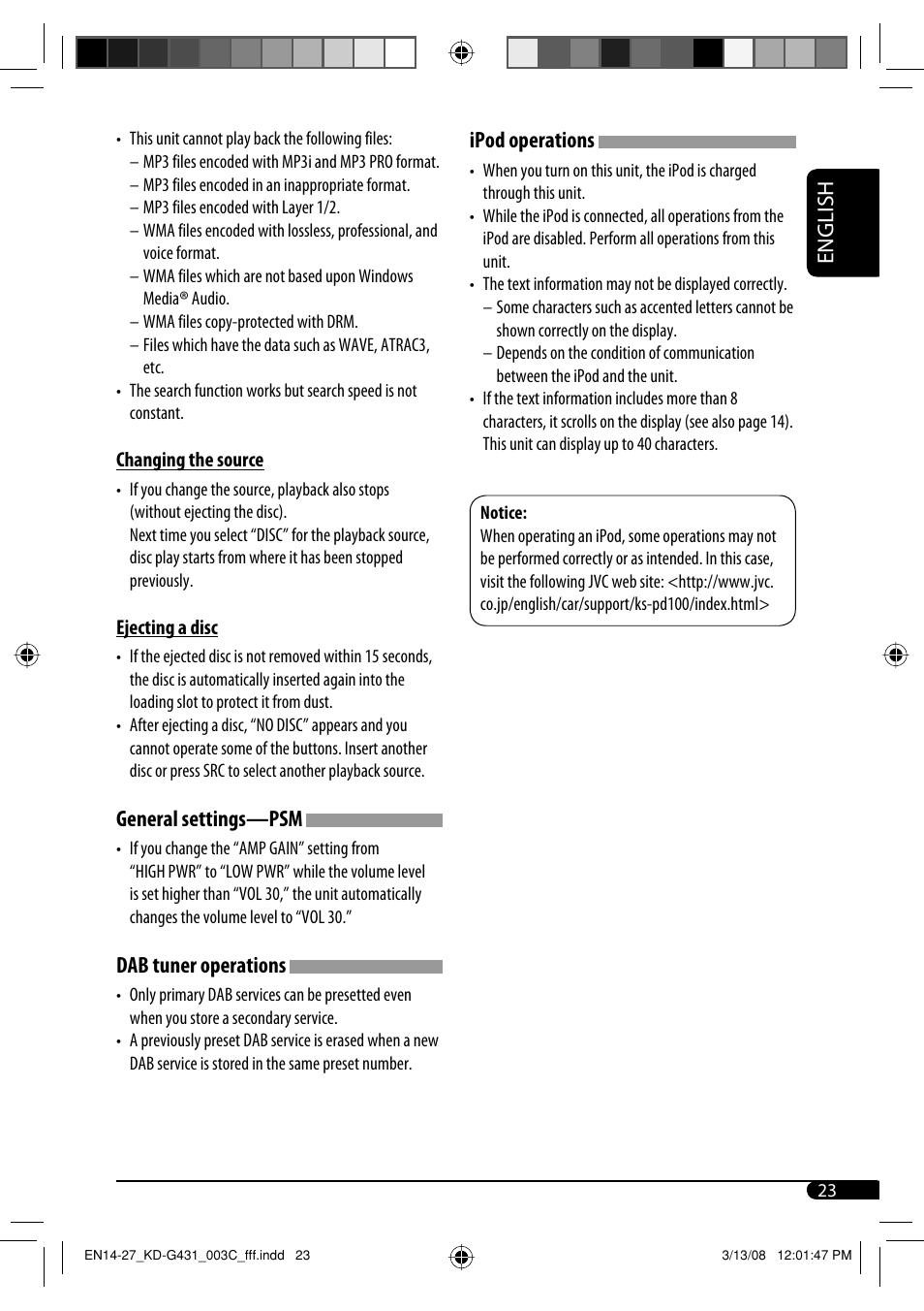 English, General settings—psm, Dab tuner operations | Ipod operations | JVC KD-SC402 User Manual | Page 23 / 80