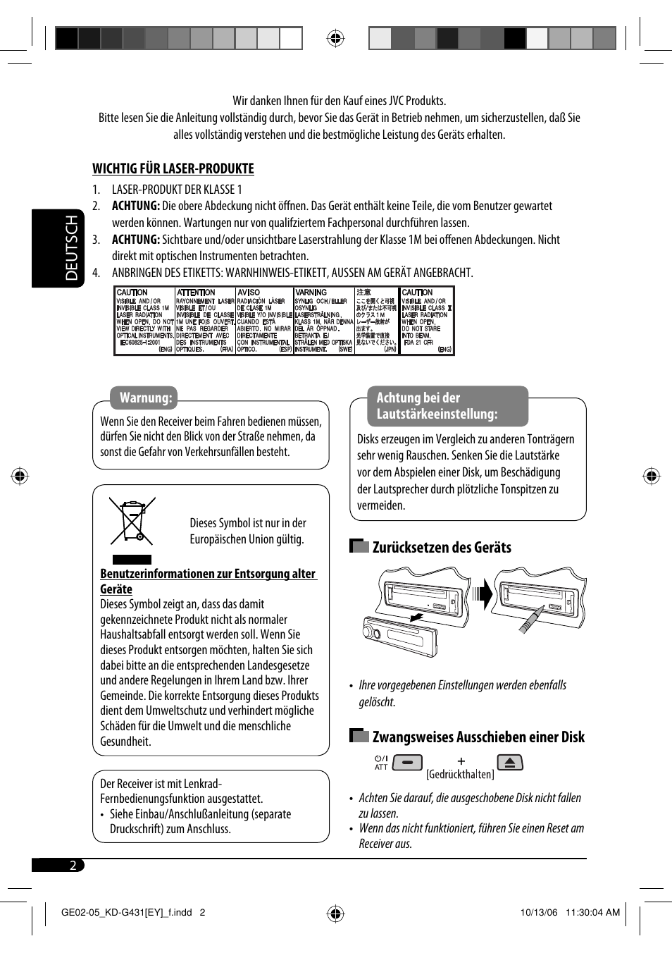 Deutsch, Zurücksetzen des geräts, Zwangsweises ausschieben einer disk | JVC KD-SC402 User Manual | Page 28 / 80