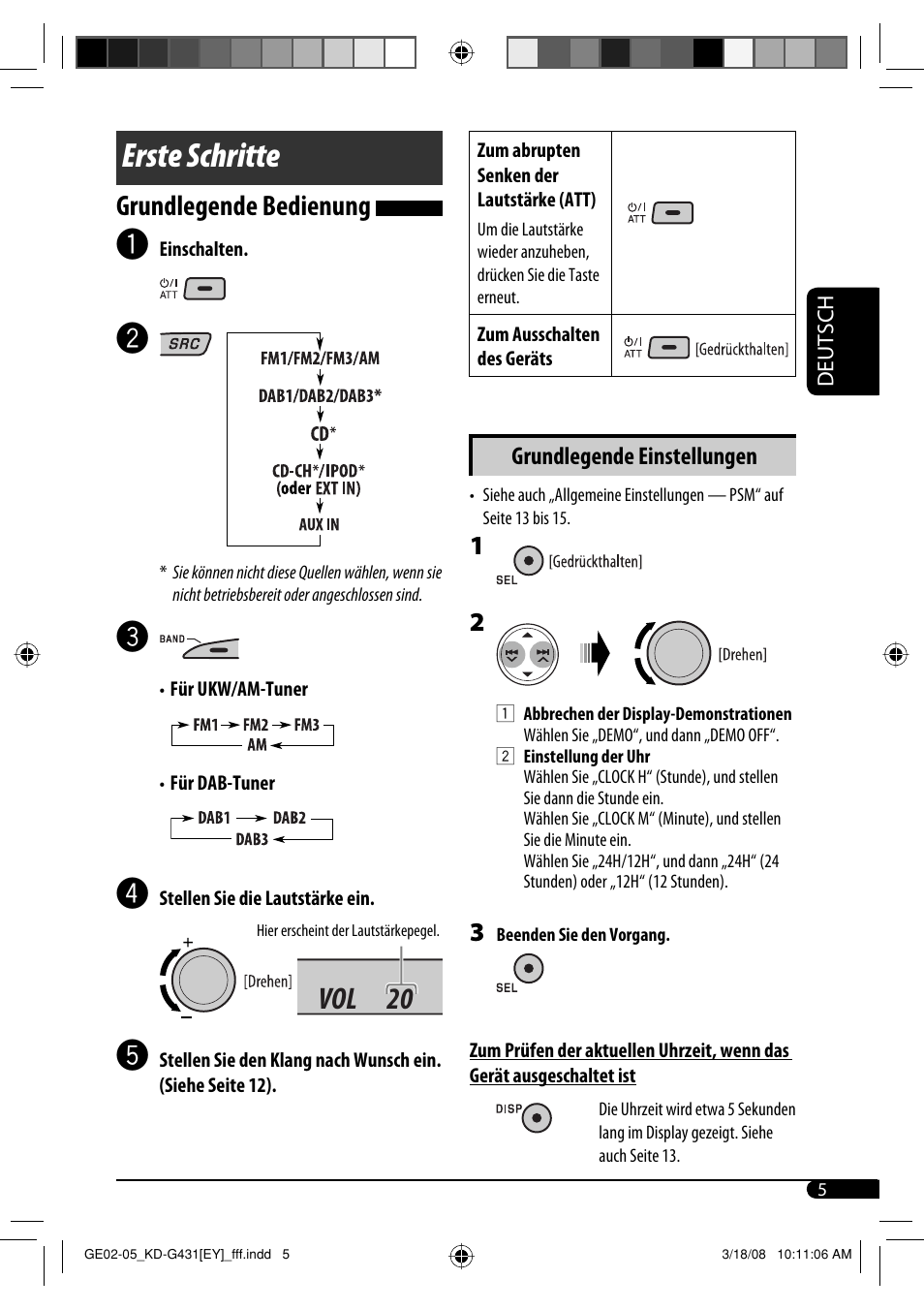 Erste schritte, Vol 20, Grundlegende bedienung | JVC KD-SC402 User Manual | Page 31 / 80