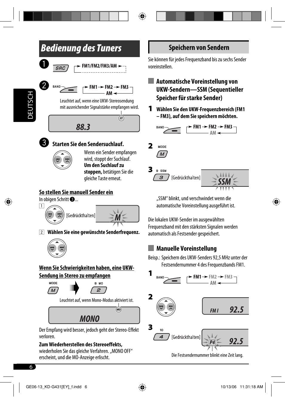 Bedienung des tuners, Mono ssm 92.5 | JVC KD-SC402 User Manual | Page 32 / 80