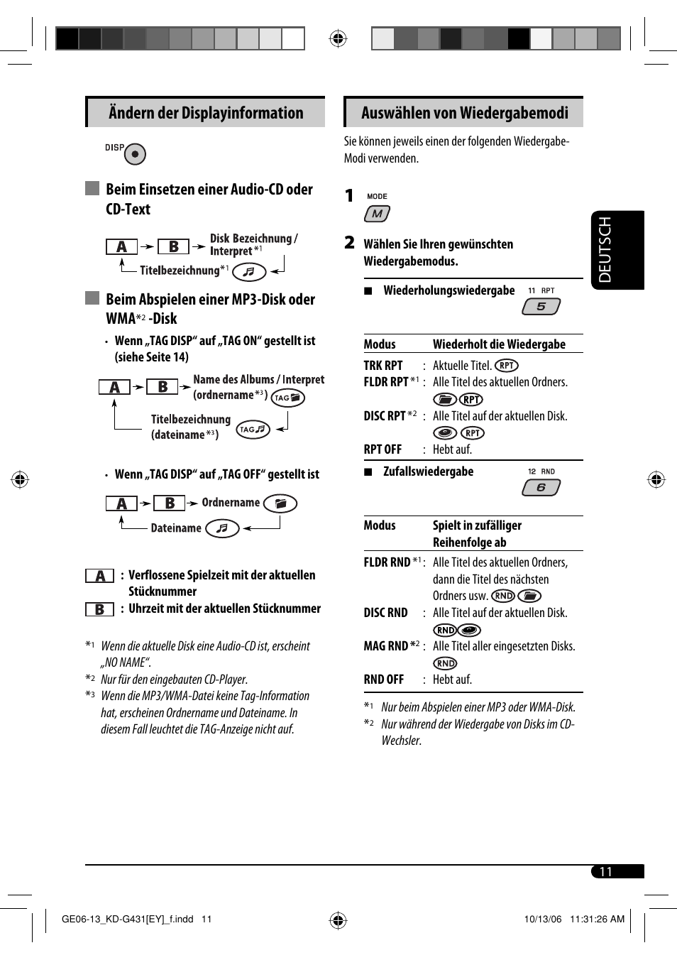Ändern der displayinformation, Auswählen von wiedergabemodi, Deutsch | Disk | JVC KD-SC402 User Manual | Page 37 / 80