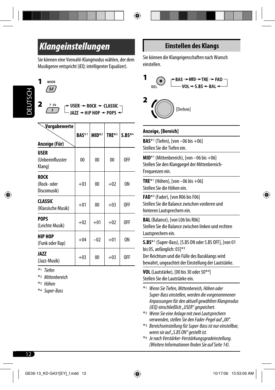Klangeinstellungen, Einstellen des klangs, Deutsch | JVC KD-SC402 User Manual | Page 38 / 80