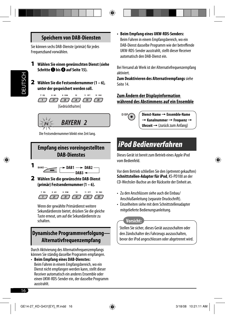 Ipod bedienverfahren, Bayern 2, Speichern von dab-diensten | Empfang eines voreingestellten dab-dienstes | JVC KD-SC402 User Manual | Page 42 / 80