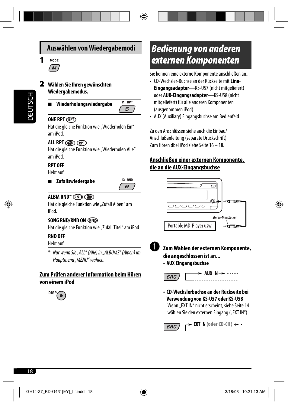 Bedienung von anderen externen komponenten, Auswählen von wiedergabemodi | JVC KD-SC402 User Manual | Page 44 / 80