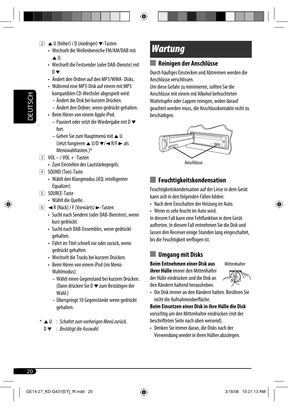Wartung, Deutsch, Reinigen der anschlüsse | Feuchtigkeitskondensation, Umgang mit disks | JVC KD-SC402 User Manual | Page 46 / 80