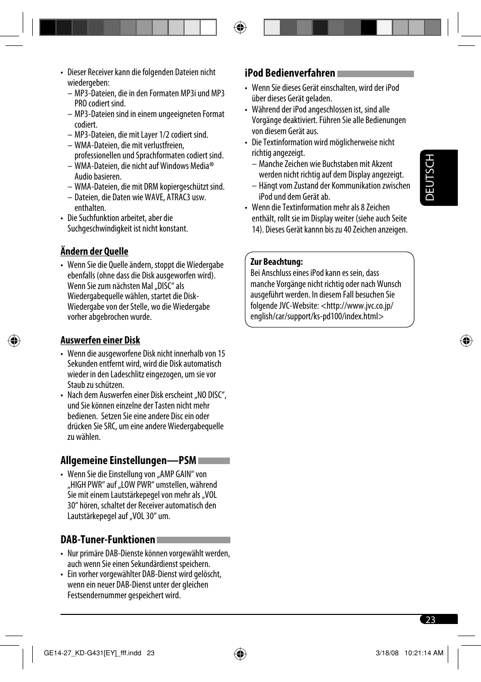 Deutsch, Allgemeine einstellungen—psm, Dab-tuner-funktionen | Ipod bedienverfahren | JVC KD-SC402 User Manual | Page 49 / 80
