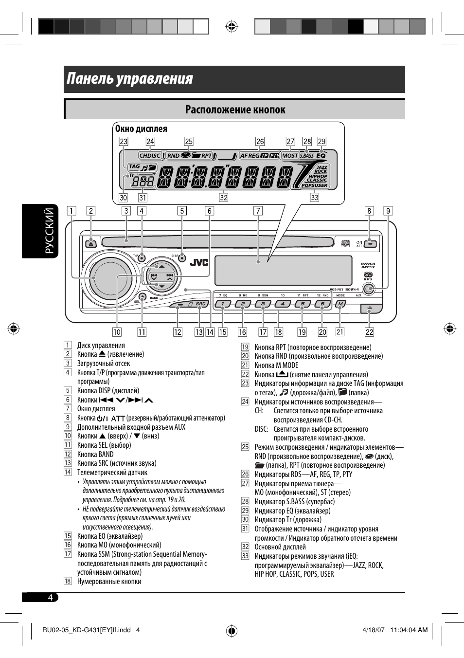Панель управления, Расположение кнопок, Руcckий | Окно дисплея | JVC KD-SC402 User Manual | Page 56 / 80