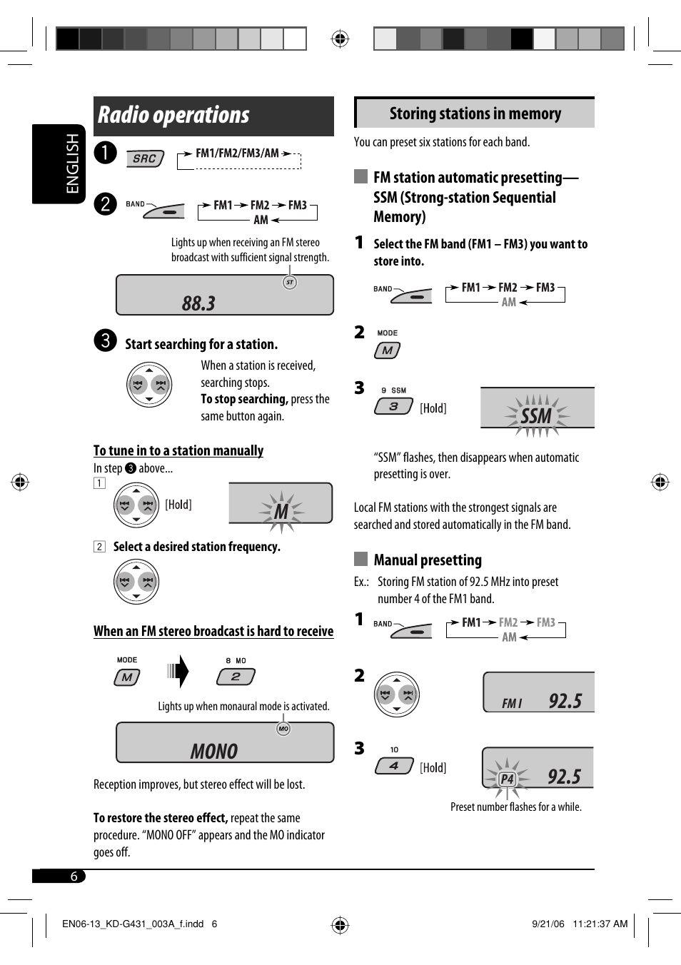 Radio operations, Mono ssm 92.5 | JVC KD-SC402 User Manual | Page 6 / 80
