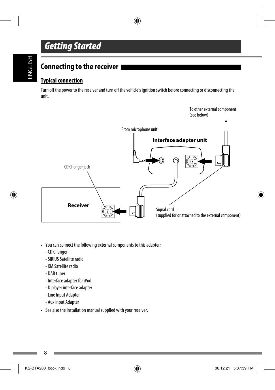 Connecting to the receiver, Getting started | JVC KS-BTA200 User Manual | Page 10 / 293