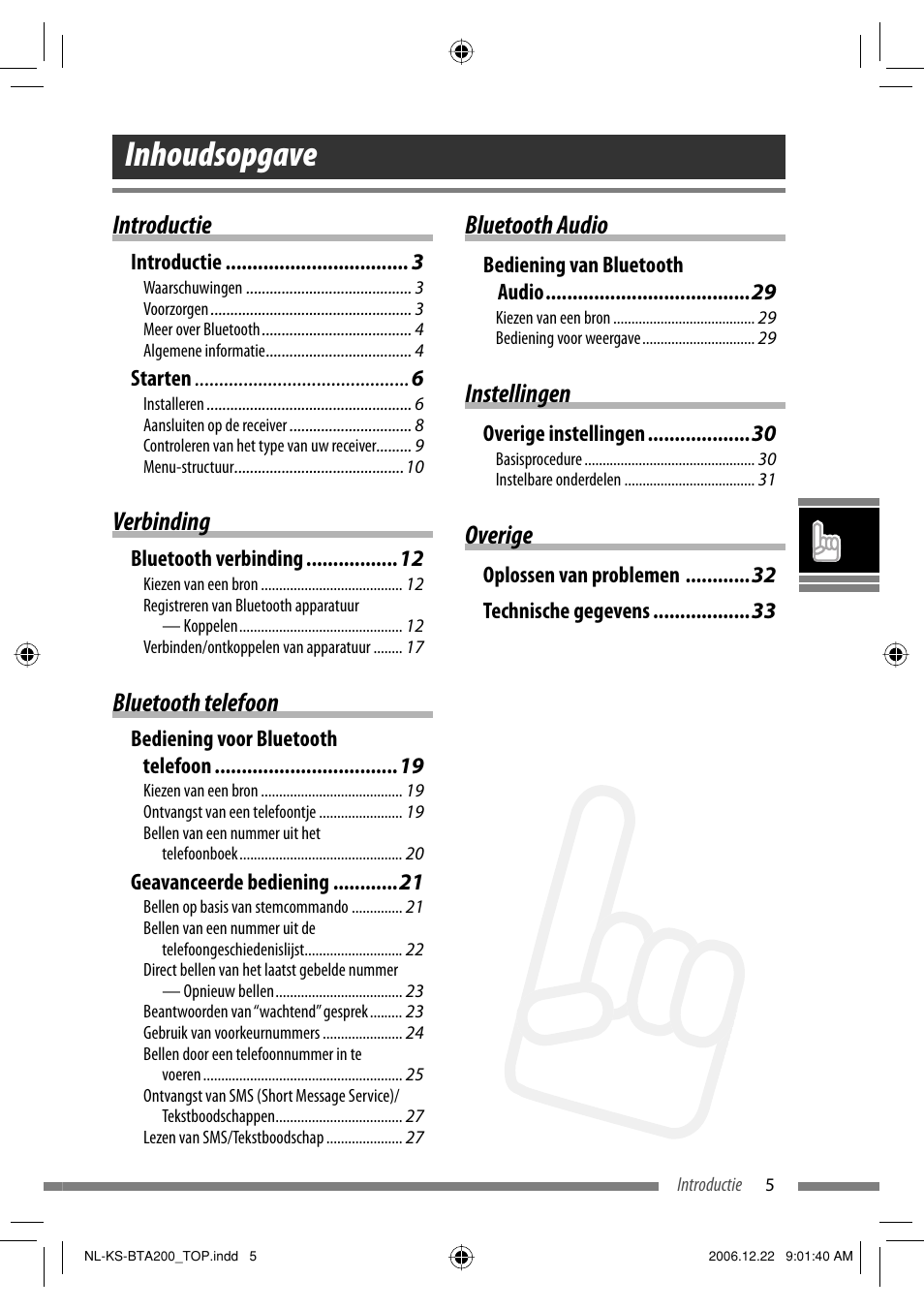 Inhoudsopgave, Introductie, Verbinding | Bluetooth telefoon, Bluetooth audio, Instellingen, Overige | JVC KS-BTA200 User Manual | Page 103 / 293