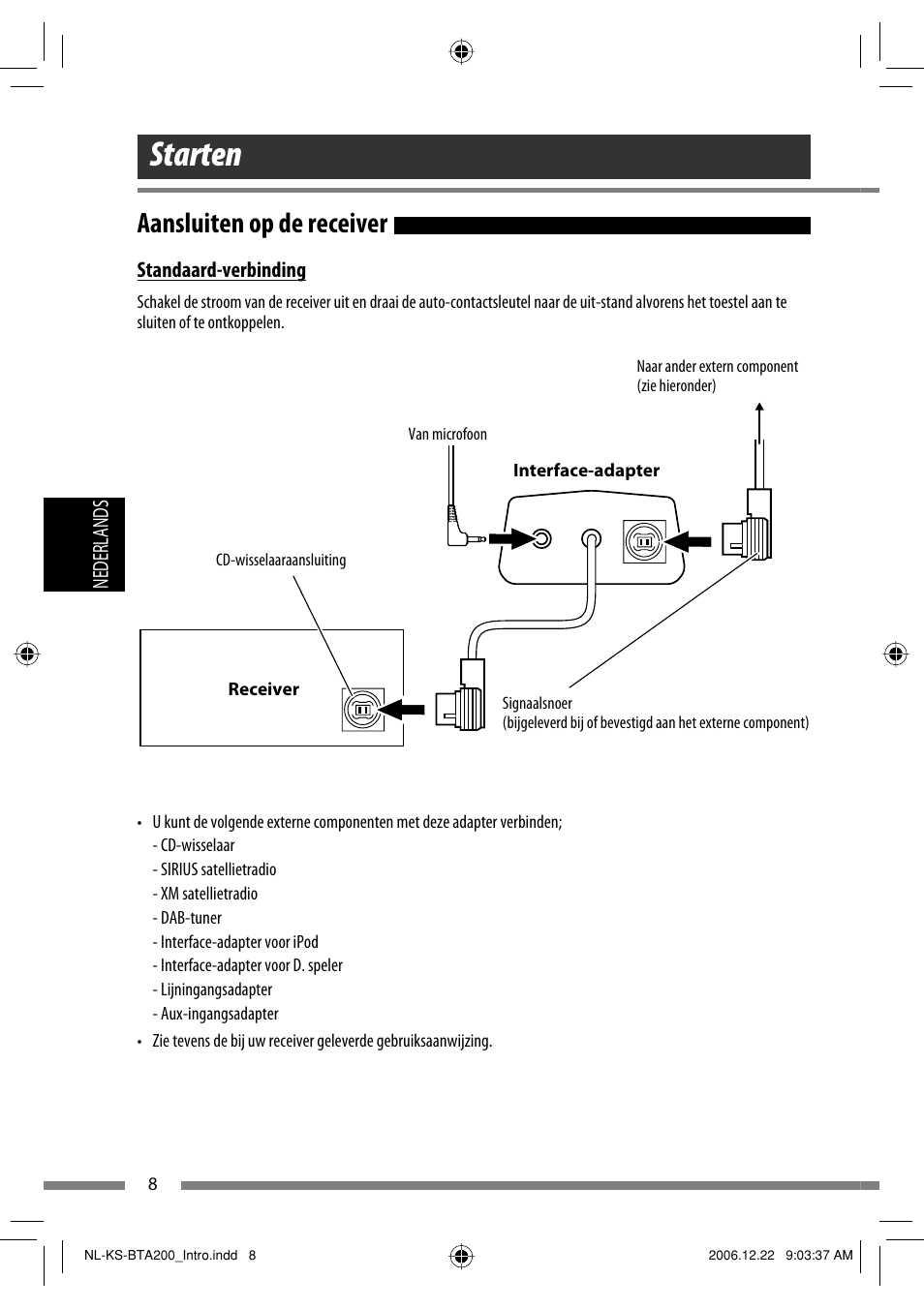 Starten, Aansluiten op de receiver | JVC KS-BTA200 User Manual | Page 106 / 293