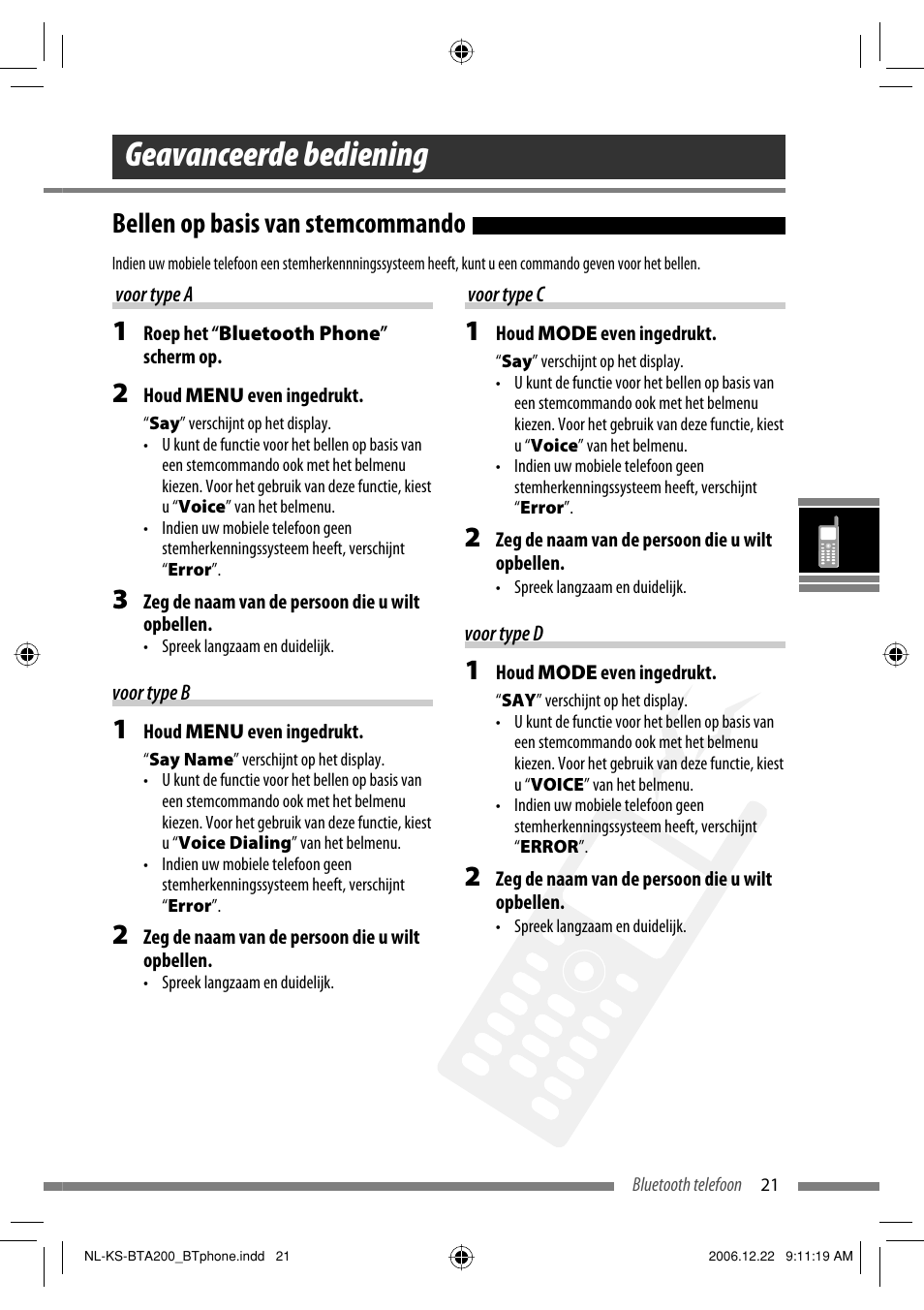 Geavanceerde bediening, Bellen op basis van stemcommando | JVC KS-BTA200 User Manual | Page 119 / 293